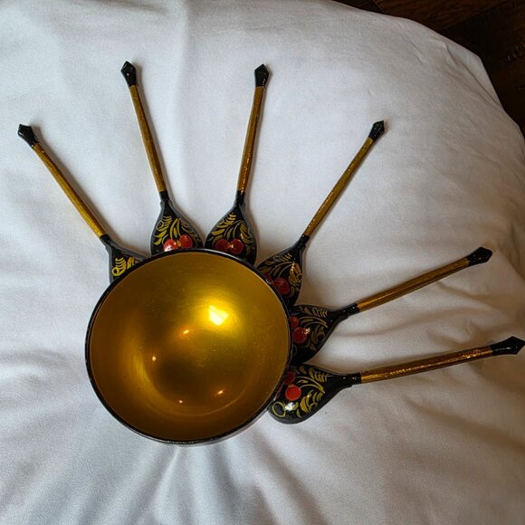 Khokhloma Wooden Bowl 6 Spoons Russian Traditional Collectible - Picture 4 of 10